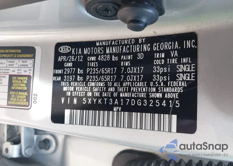 2013 Kia Sorento Lx z USA, uszkodzony, nr VIN 5XYKT3A17DG325415